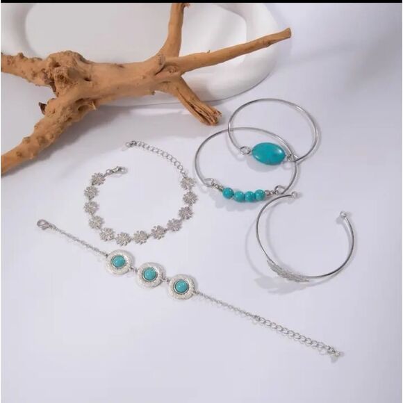 3 for $26 - Multi Layer Turquoise Silver Bracelet Set - Picture 3 of 5